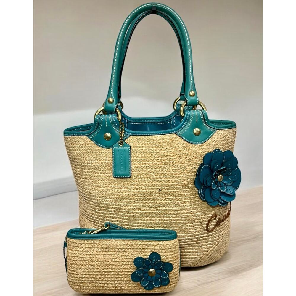 Y2K Coach F13373 Bleecker Straw Tote Bag & Wristlet